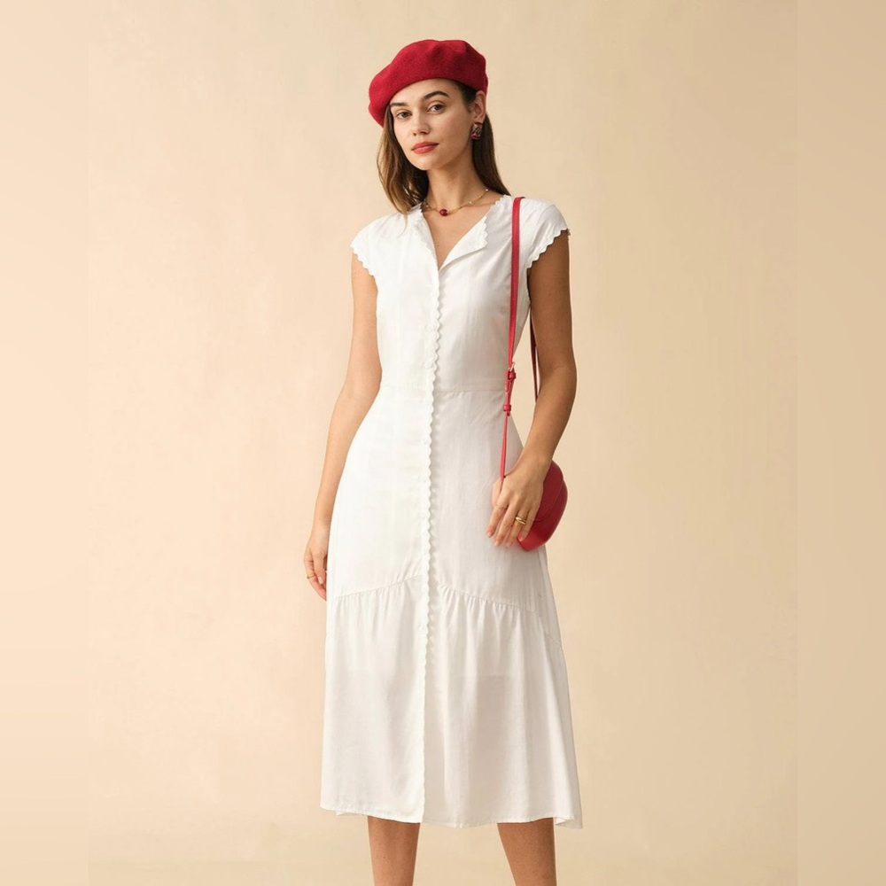 Rihoas Solid White Color Lapel Midi Dress